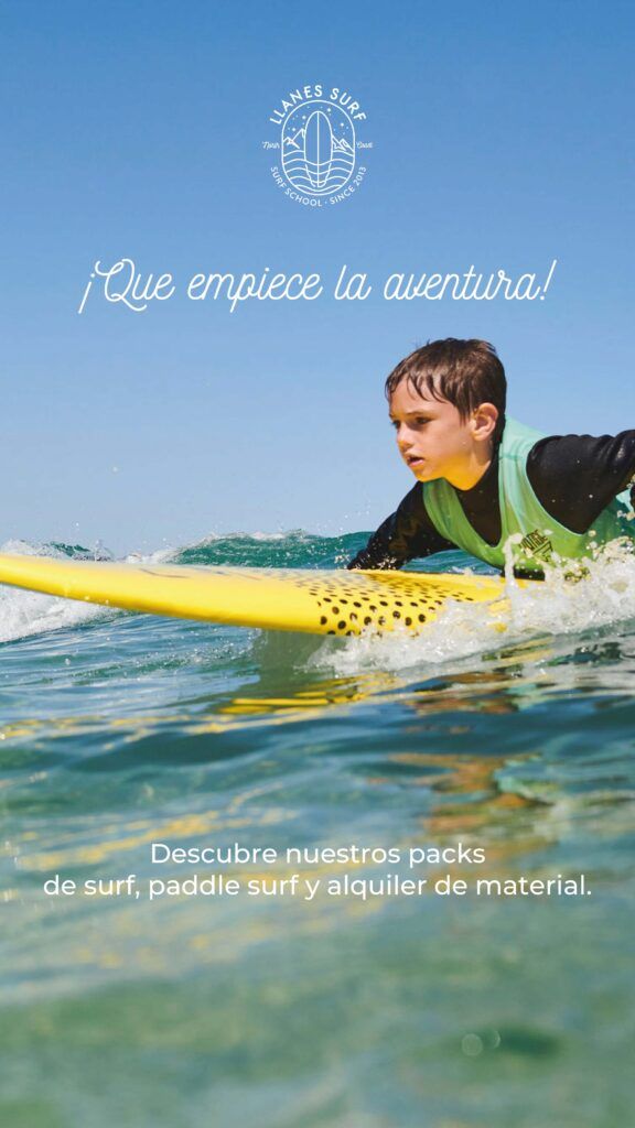 Highlight y storie de instagram niño sobre tabla surfeando en llanes