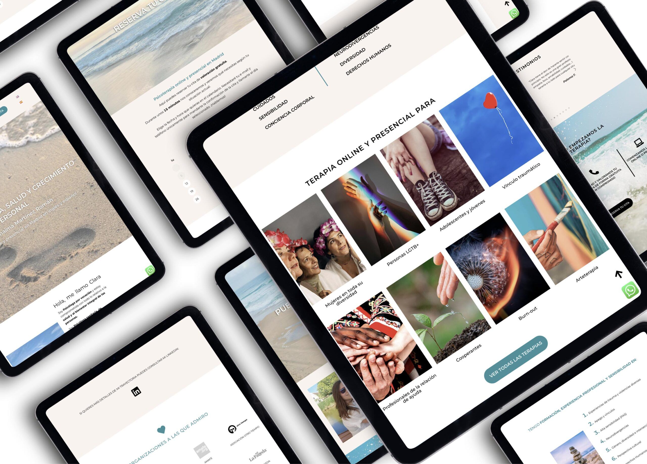 Pantallas del proyecto de diseño y desarrollo web para la web de psicología Busca Tu Bienestar realizada por Agencia Contundente